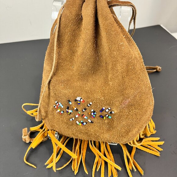 Vintage Tan Suede leather Drawstring bag with beads - Picture 2 of 4